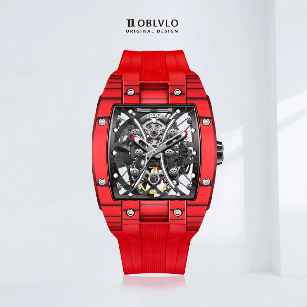 OBLVLO Top Brand Automatic Mechanical Watch For Men Fashion Skeleton Luminous Wine Barrel Carbon Fiber Case Rubber Strap EM-S