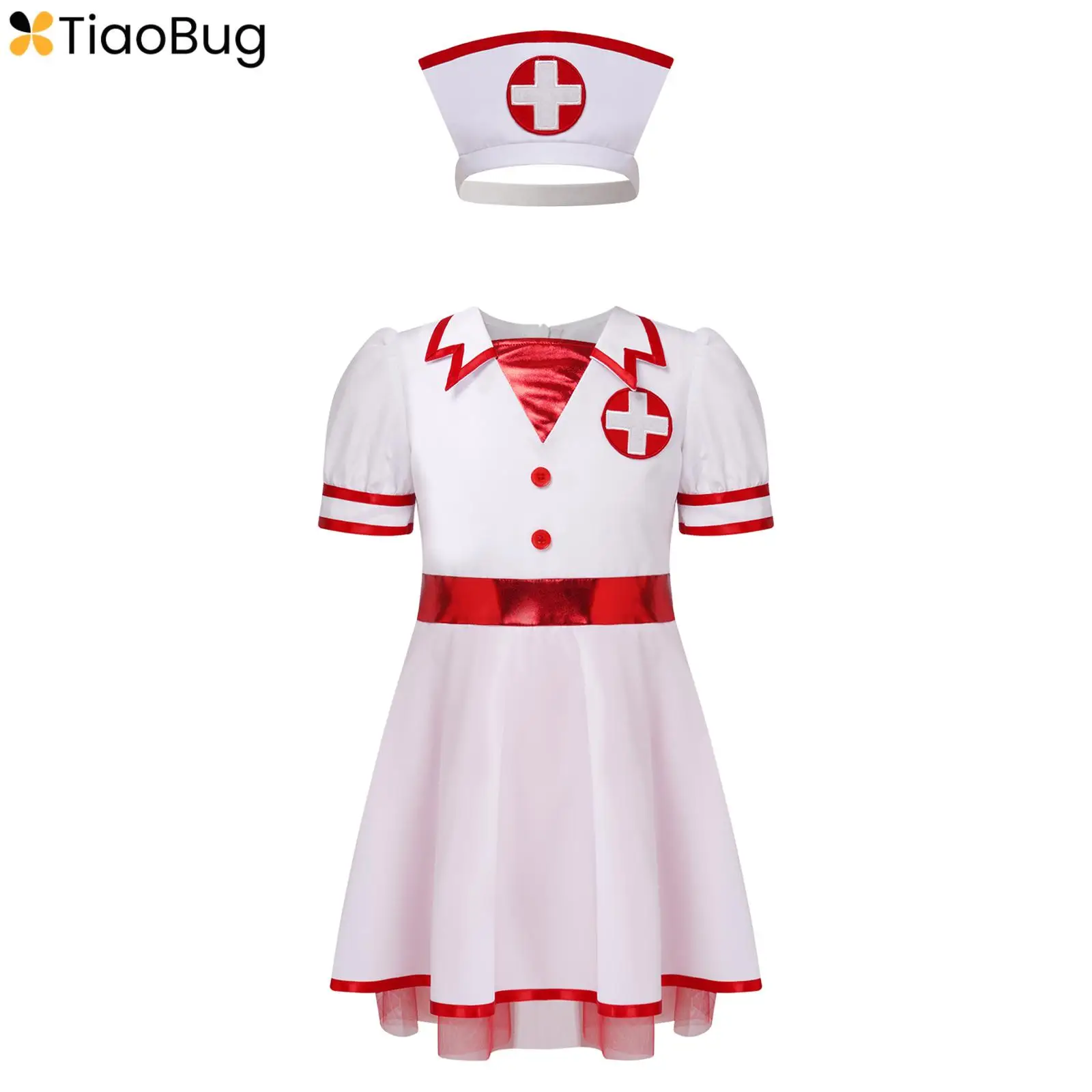 

Kids Girls Nurse Costume Halloween Carnival Cosplay Short Sleeve Dress with Hat Sets Themed Party Performance Fancy Dress Up