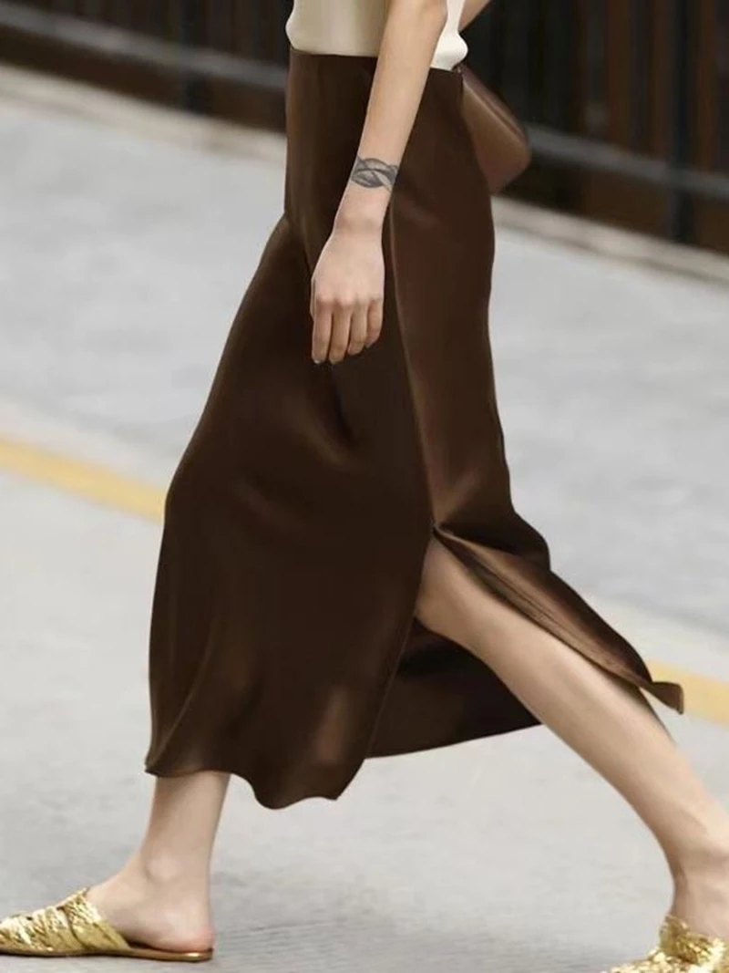 

VERLENA Роскошная триацетатная атласная элегантная юбка-миди в стиле ретро, женская высококачественная гладкая шикарная юбка-карандаш на молнии с боковым разрезом