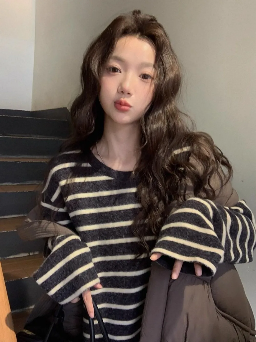 

Rabbit Fur Japanese Style Color-Block Striped Knit Sweater for Women Winter Loose Slimming Woolen Long Sleeve Top