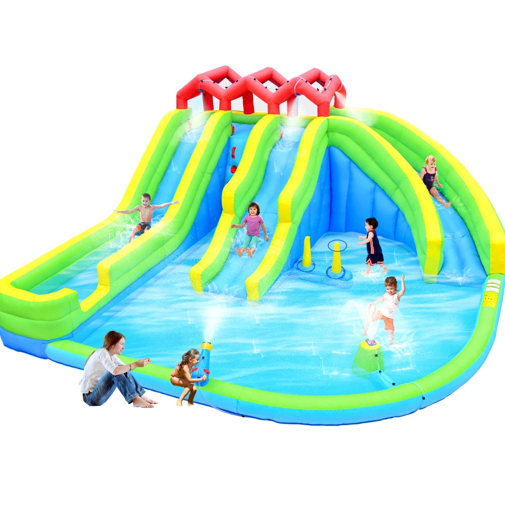 7 in1 Inflatable Water Park Three Slide with Blower Water Gun Sprinkler Fountain Climbing Wall for Children