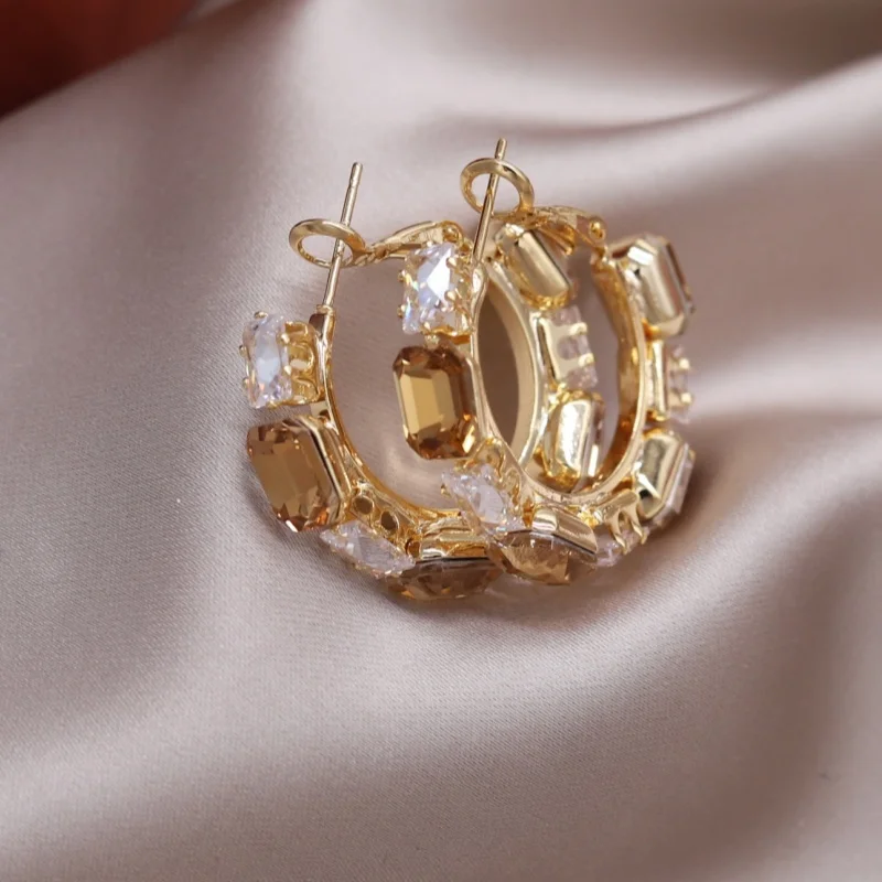 Korean new fashion jewelry 14K gold plated round luxury champagne crystal zircons earrings elegant women daily work accessories