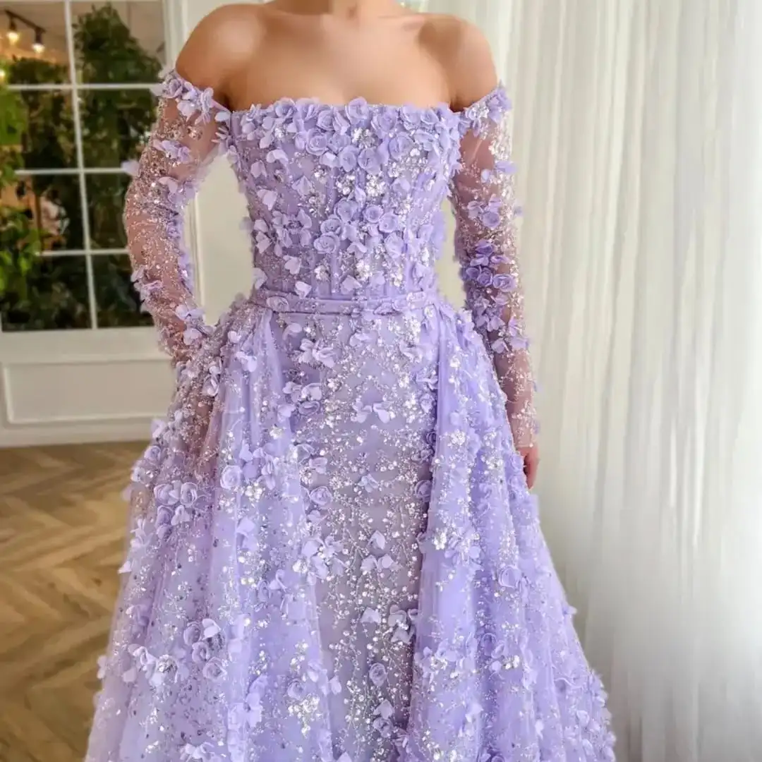 3D Flowers High Quality Lace Long Ball Gown Chic Strapless Long Sleeves Beads Sequined Formal Evening Dress Wedding Party Dress