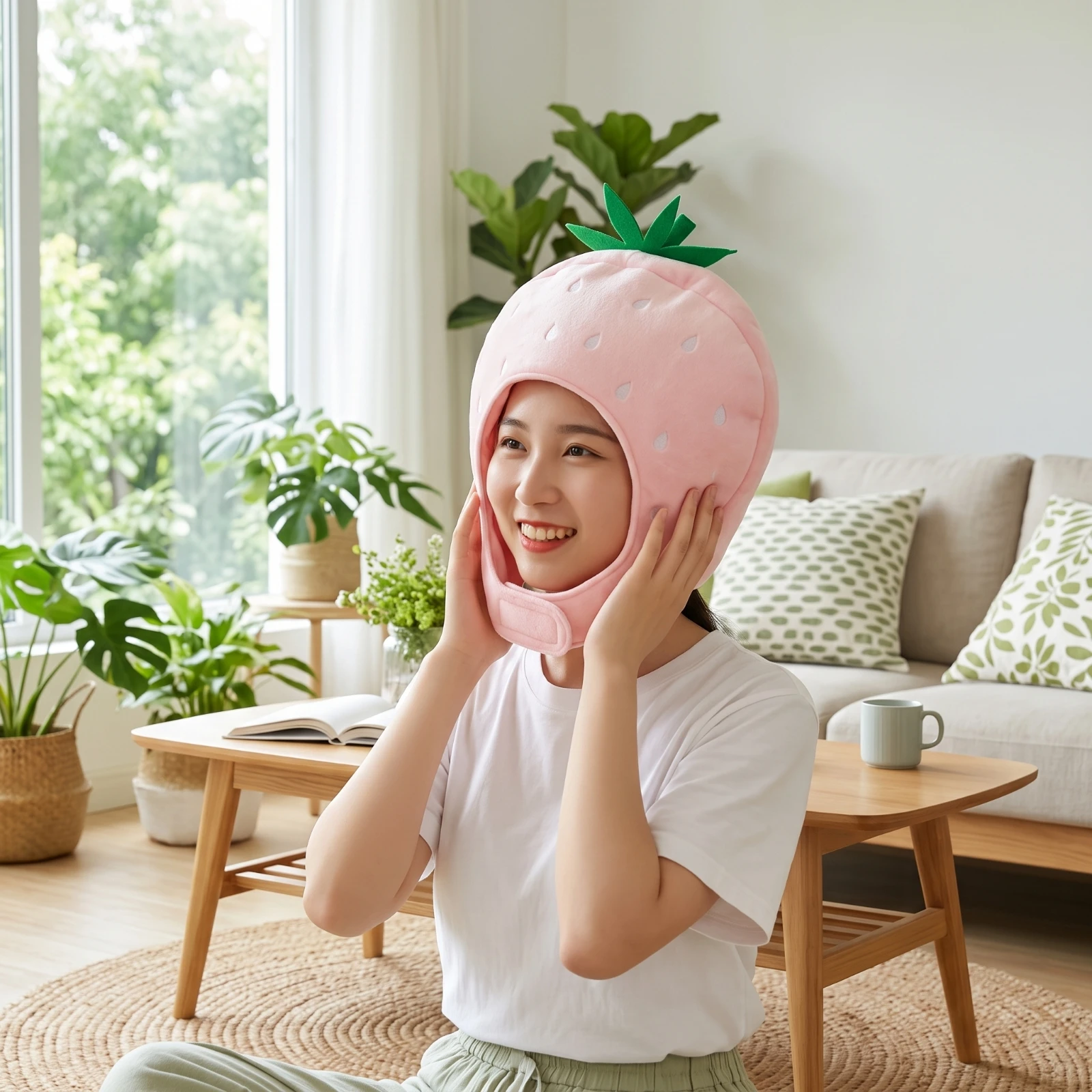 Cappello Vellutato a Forma di Fragola, Divertente Copricapo con Cinturino Sottogola, Comodo e Leggero per Cosplayer, Cosplay