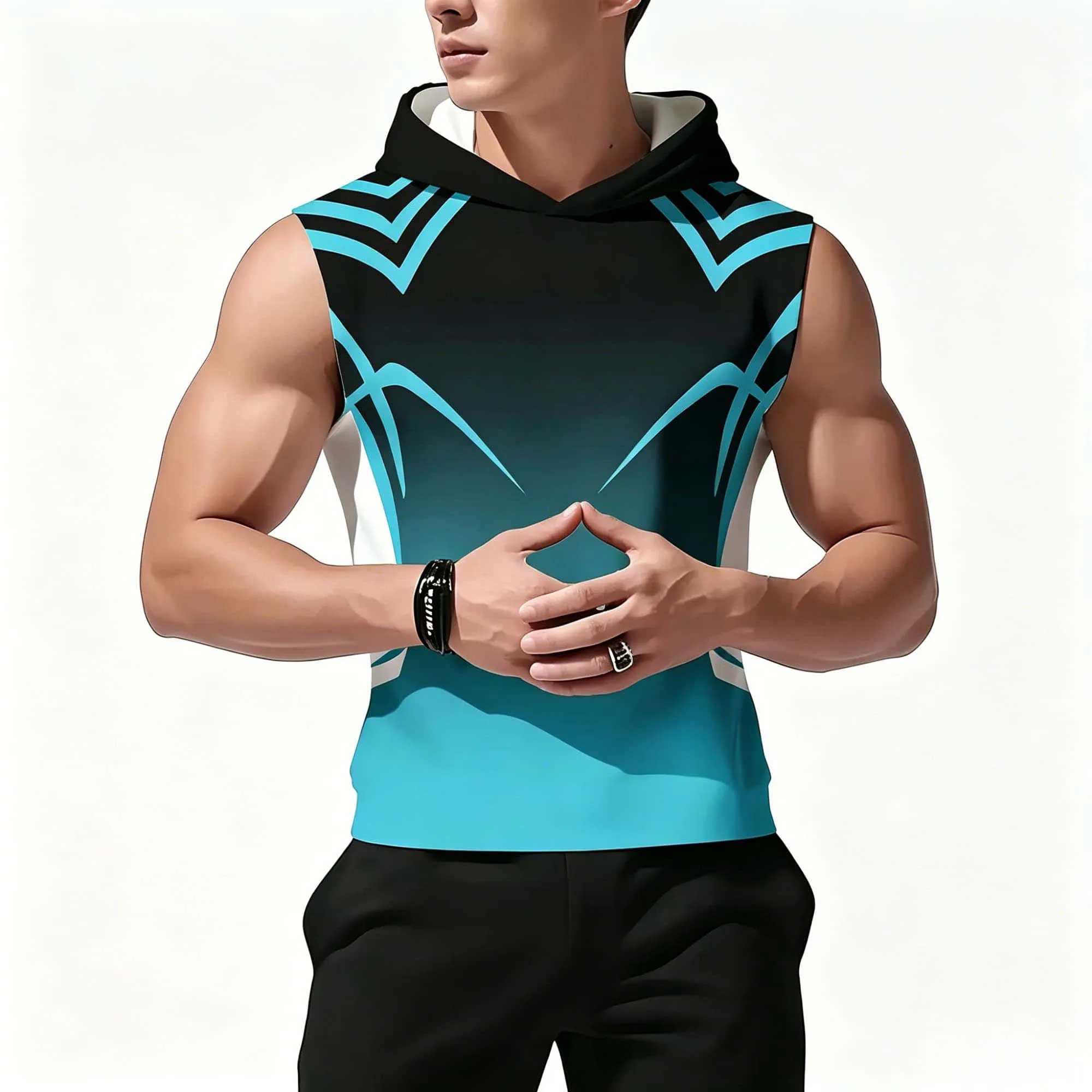 Herren Freizeit-Sportweste Ärmellos mit Kapuze Farbverlauf Geometrisches Muster Atmungsaktives Bodybuilding Street Muscle Tanktop – Detail 3