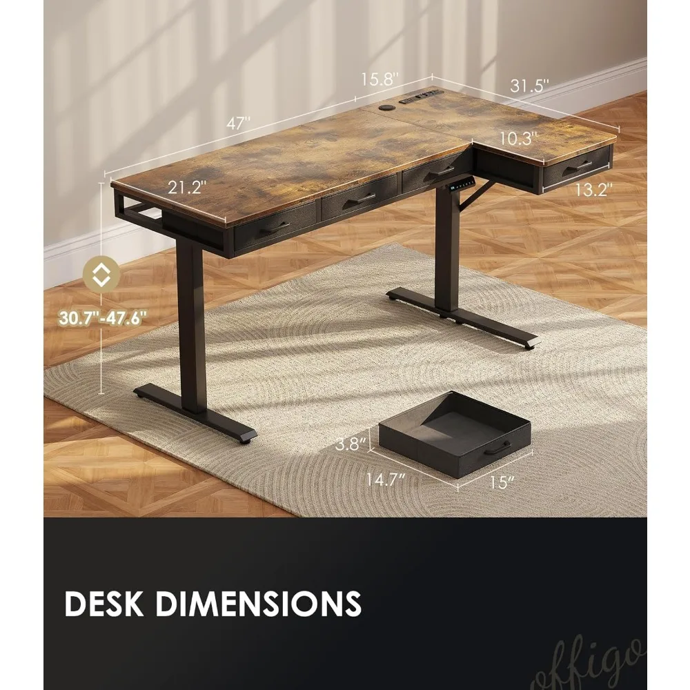63 Inch L Shaped Electric Standing Desk with Drawers, Height Adjustable Large Desk with Power Outlets, Sit Stand Table