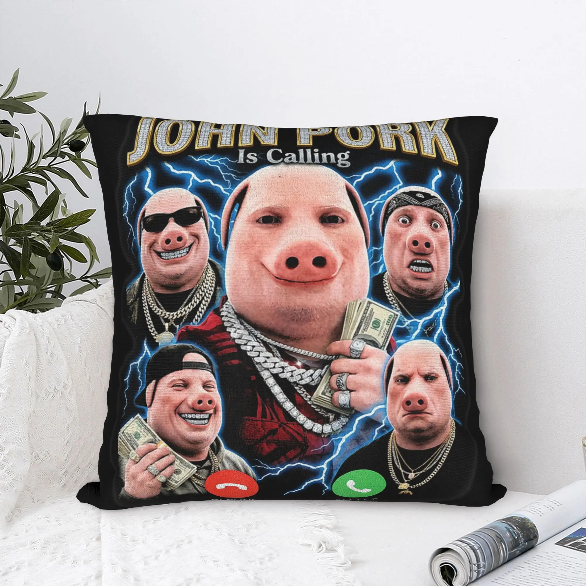 John Pork is Calling Meme Brainrot Pillowcases  Vintage Pillow Case For Sofa Car Home Decor Soft Pillow Cover