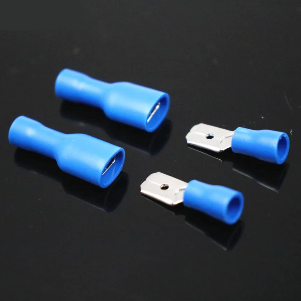 100pcs 50pairs 6.3mm 16-14AWG Female Male Electrical Wiring Connector Insulated Crimp Terminal Spade Blue FDFD2-250 MDD2-250