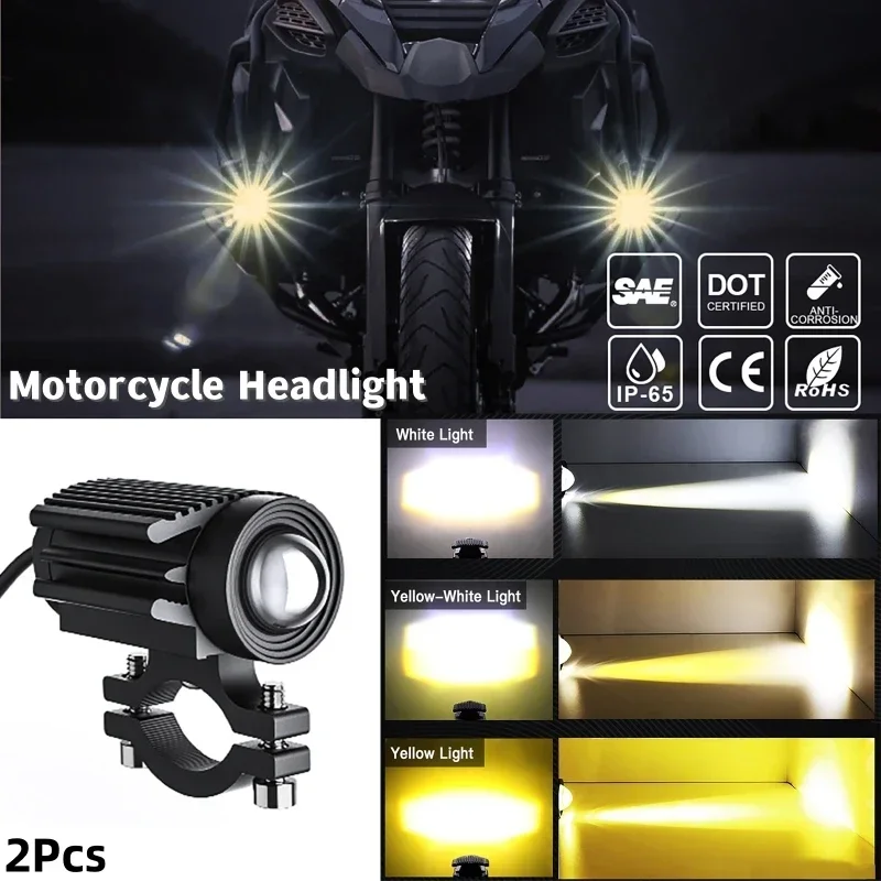 9-85V Additional Motorcycle LED Spot Lights Headlights with Switch Dual Color LED Fog Lamp for Motor Bike