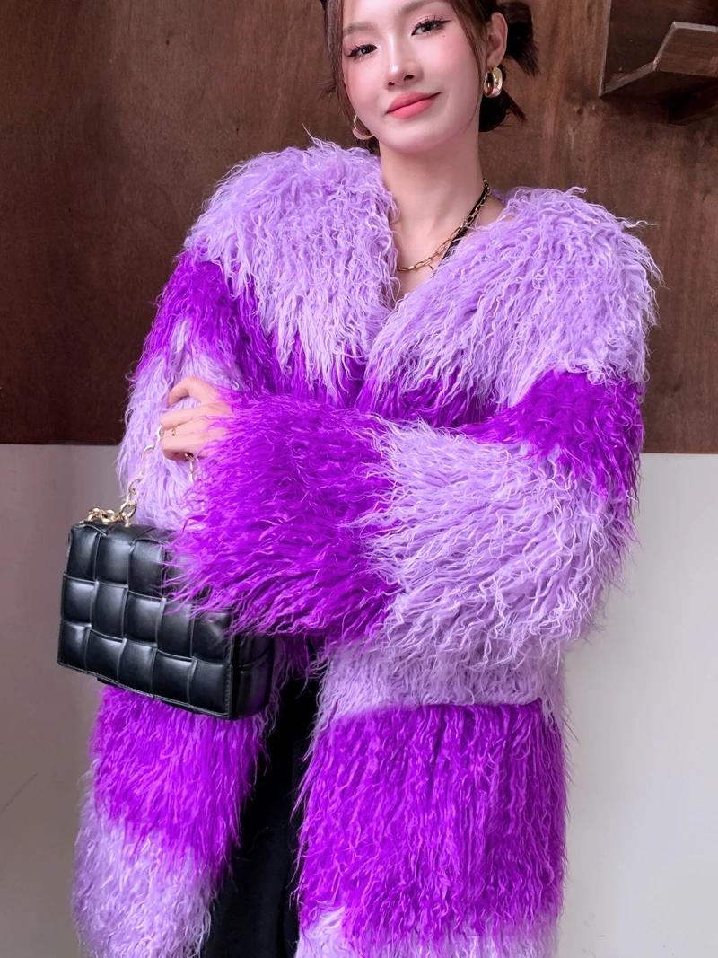 Non-Mainstream Style Light Purple Dark Fashion Faux Fur Coat Stitching Contrast Color Tan Wool Long Mid-Length Warm