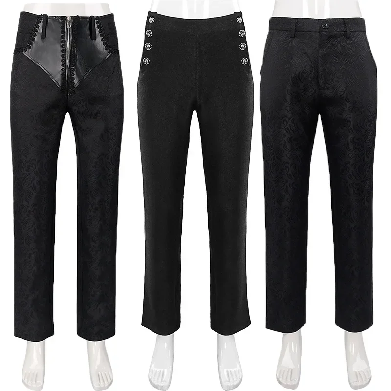 Pantalones góticos medievales para hombre, Jacquard Steampunk, botones elegantes, cremallera lateral, burlesco negro, pantalones Vintage ajustados para hombre, S-3XL