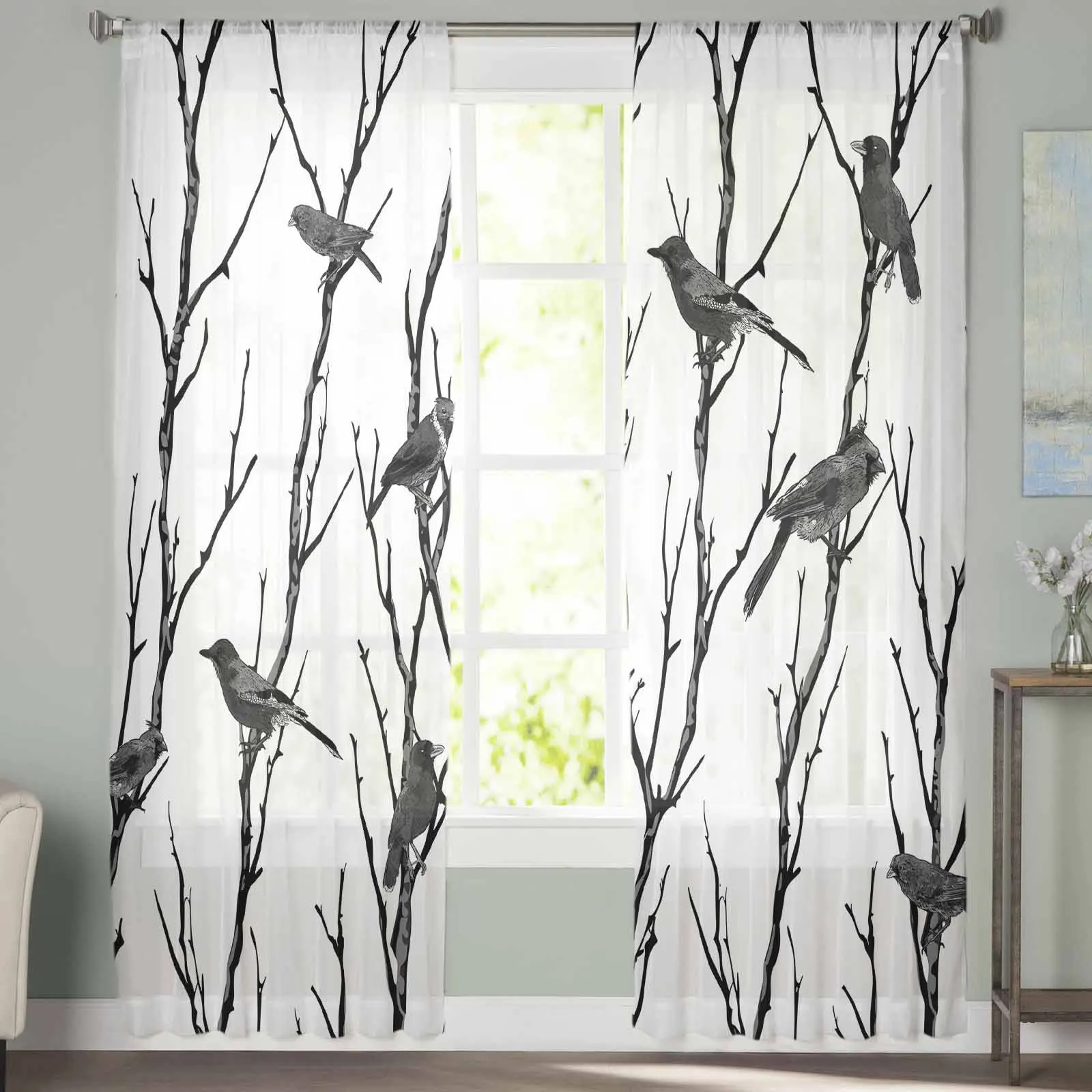 Abstract Silhouette Of Branch Bird Animals Curtain For Living Room Bedroom Kitchen Window Tulle Curtains Home Essentials