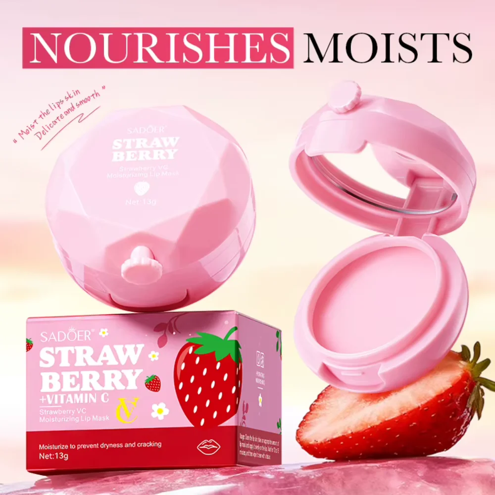 SADOER Strawberry Vitamin C Lip Mask in A Mirrored Compact Moisturizing and Nourishing Daily Lip Care for A Soft and Smooth Feel