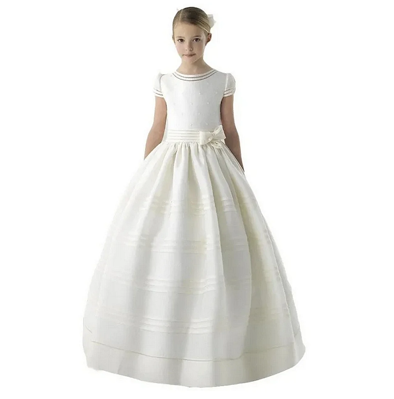 

Stain First Communion Dresses For Girls Short Sleeve Scoop Pearls Flower Girl Dresses for Weddings