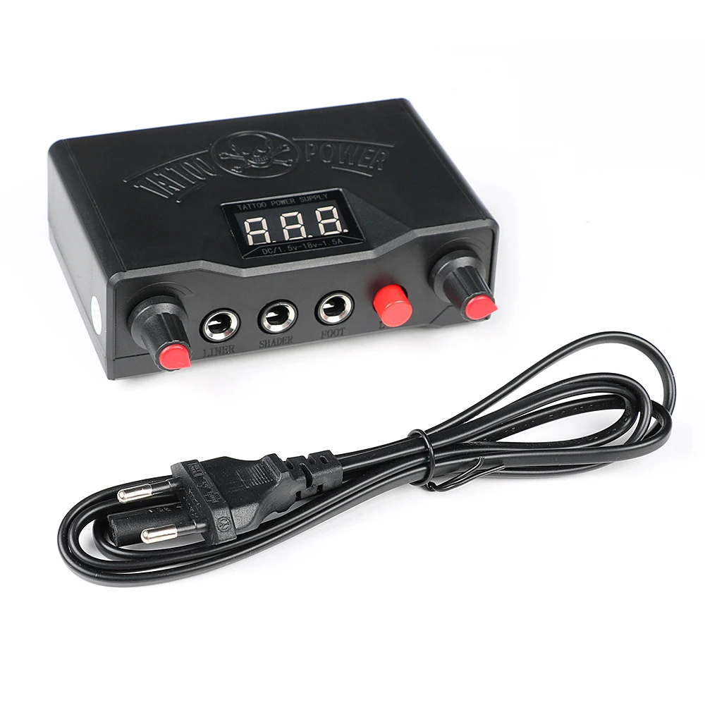 Tattoo Power Supply Kit with Tattoo Clip Cord Foot Pedal Switch LCD Screen Adjustment Voltage for Rotary & Coil Tattoo Machine
