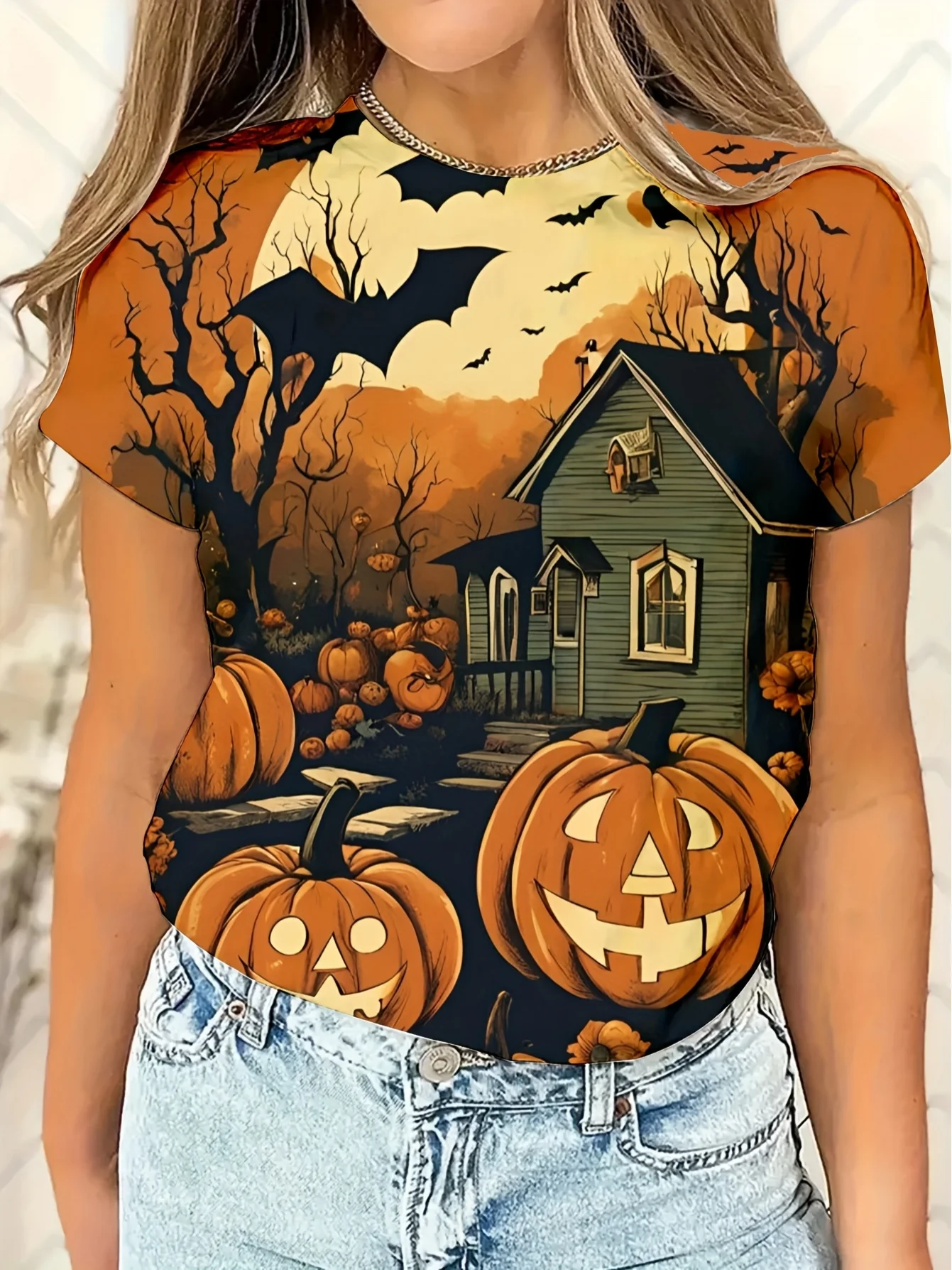 Women T‑shirt Short Sleeve Halloween Haunted House Pumpkin Bat Tree Print Crew Neck Casual Summer Tee Top Women's Clothes