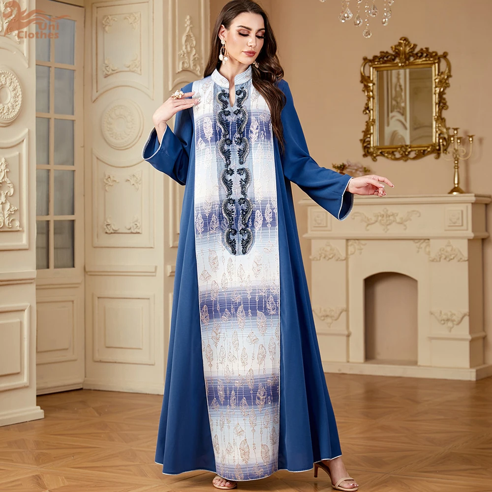 Uni Ramadan Muslim Women's Patchwork Beading abaya Jacquard Casual Loose Maxi Dress Polyester Kaftan