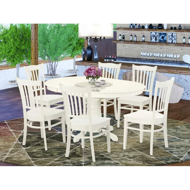 AVGR7-LWH-W Avon 7 Piece Set Consist of an Oval Dining Room Table with Butterfly Leaf and 6 Wood Seat Chairs, 42x60 Inch