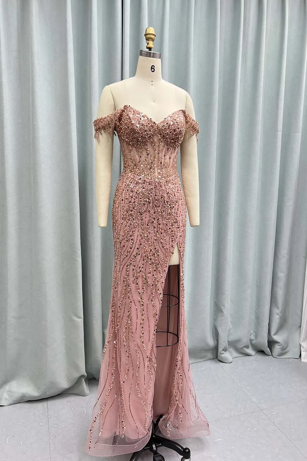 YQLNNE Luxury Rose Gold Off Shoulder Long Prom Dresses High Slit Fitted Sequin Pearls Formal Gown