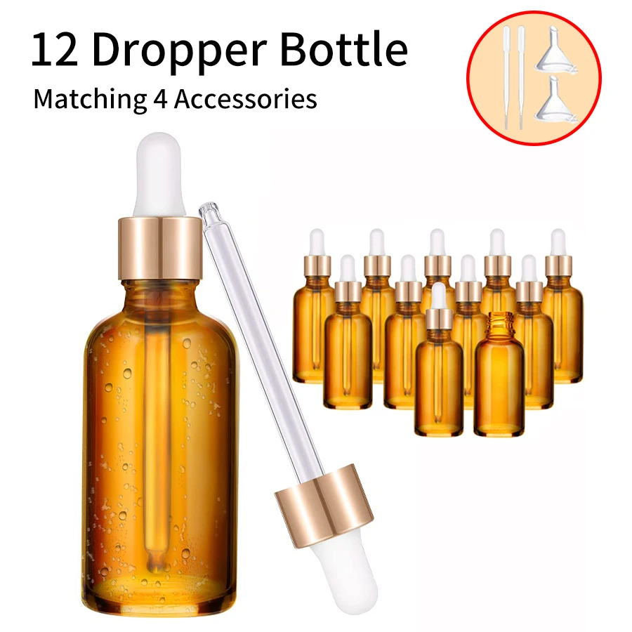 12pcs+4 Accessories  Glass Dropper Bottles, 50ml Empty Tincture Dropper Bottles with 12 Dropper Bottles, 2 Funnels, 2 Droppers