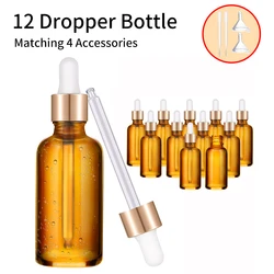 12pcs+4 Accessories  Glass Dropper Bottles, 50ml Empty Tincture Dropper Bottles with 12 Dropper Bottles, 2 Funnels, 2 Droppers