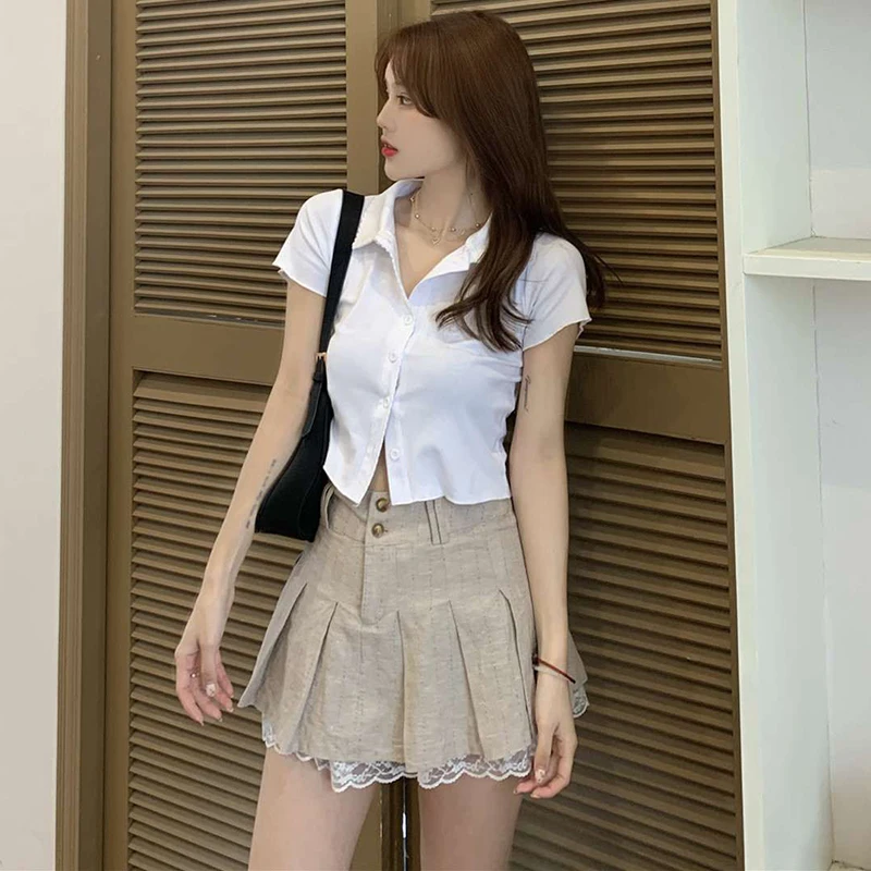 Lucyever Summer Lace Trim Pleated Skirts Women Preppy Style Khaki High Waist Skirt Girl Teens Harajuku School Uniform Mini Skirt