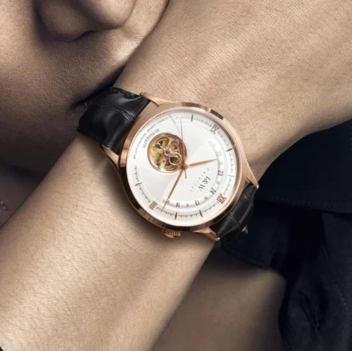 I&W Men Automatic Watch Luxury 41mm Mechanical Wristwatch Skeleton Dial Waterproof Sapphire Leather Strap Semi-Circle Scales
