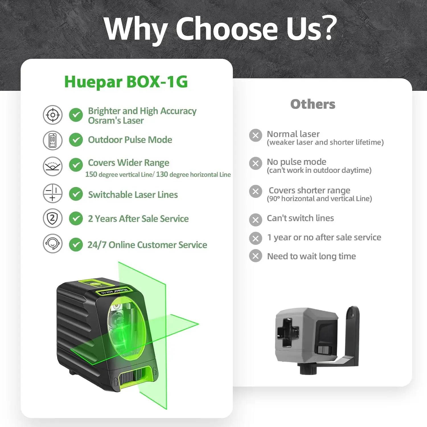 Huepar BOX-1GT Cross Line Laser Level with 65cm Tripod Osram Diode 2 Lines Switchable Self-leveling Manual Pulse Mode Laser Tool