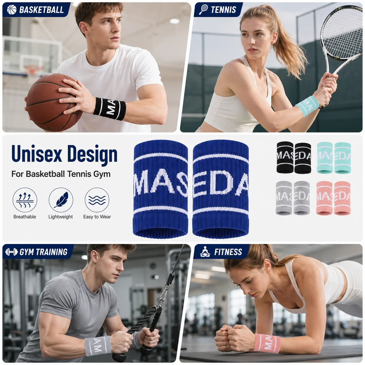 2Pcs Sports Wristbands Sweat Absorbing Elastic Wrist Support for Basketball Football Gym Training Unisex Nylon Spandex Workout