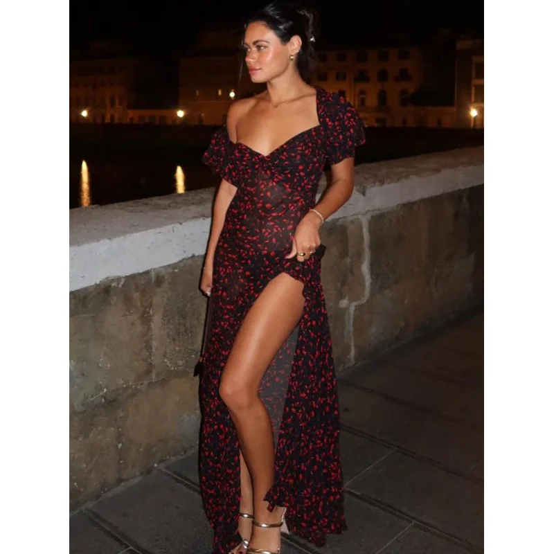 2025 frühjahr Neue Mode Floral Puff Sleeve Sexy Schlitz V-ausschnitt Mesh Saum Kleid C001