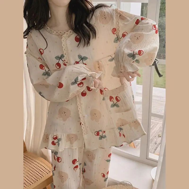 Spring Autumn Floral Print Pajamas Women 2024 New Sweet Princess Style Sleepwear Lace Long Sleeved Homewear Set Loose Loungewear