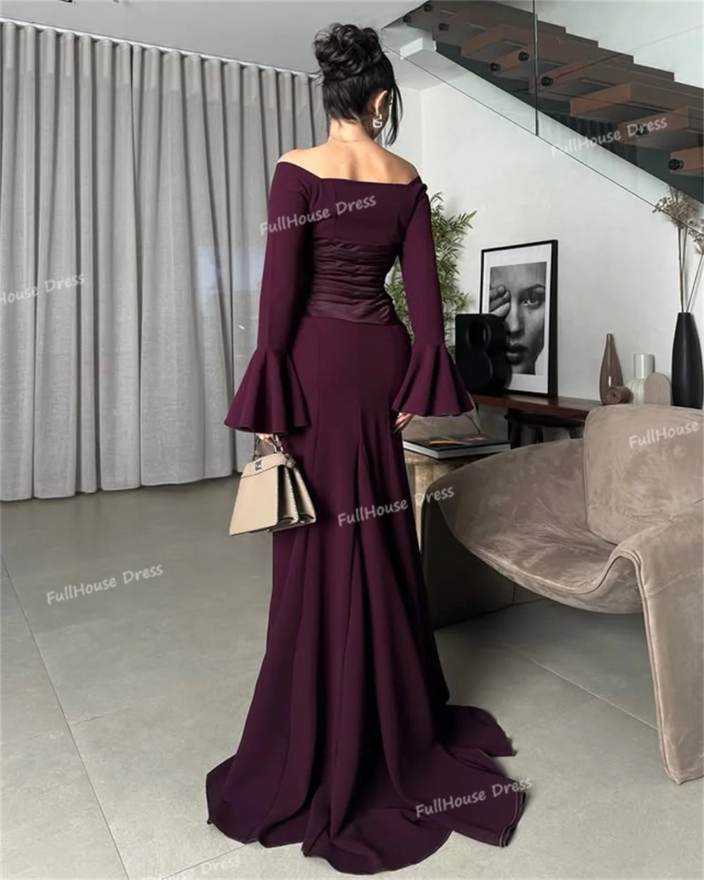 Vestido de noche drapeado con cuello barco modesto hecho a medida, vestido de noche Sexy sin espalda hasta el suelo, vestido saudí plisado de manga larga con tren