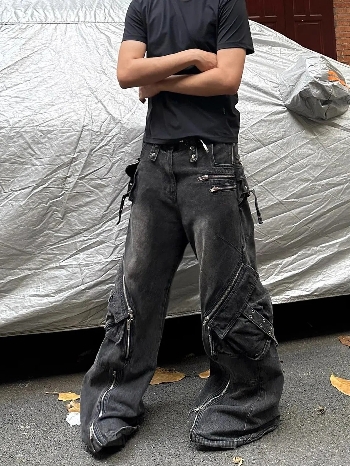 

Retro American Heavy Du Zipper Multiple kets Men's Loose Straight Leg Wide Leg Workwear Long Jeans Trendy Denim Pants