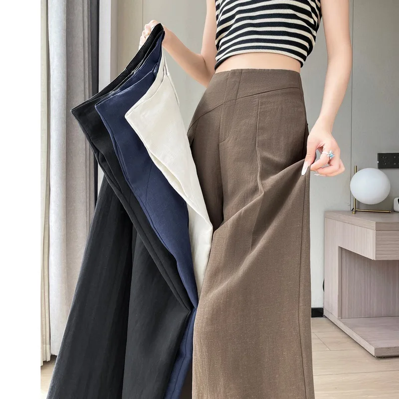 

Dark Blue Linen Wide-leg Women's Pants Thin Summer Loose Casual Drape High Waist Mopping Cotton and Linen Straight Long Pants