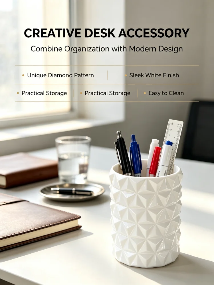 White Diamond-Cut Pencil Holder with Cylindrical Embossed Surface, Desktop Storage Cup, Petg Sturdy and Smooth Durable Stationery Organizer, Large Capacity Space-Saving Storage Box to Keep Your Desk Tidy, Suitable for Home Office Workstations, Student Desks, Can Hold Various Pens and Tools, Desktop Decoration, Makeup Brush Storage Tube, Practical Office and Student Gift Decoration Item