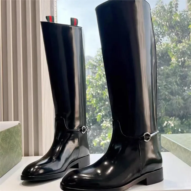الصلبة براءات الاختراع والجلود أحذية طويلة الركبة عالية الكعب المنخفضة الانزلاق على جولة تو الأحذية موضة جديدة عادية كبيرة الحجم 34-44 النساء الأحذية #4