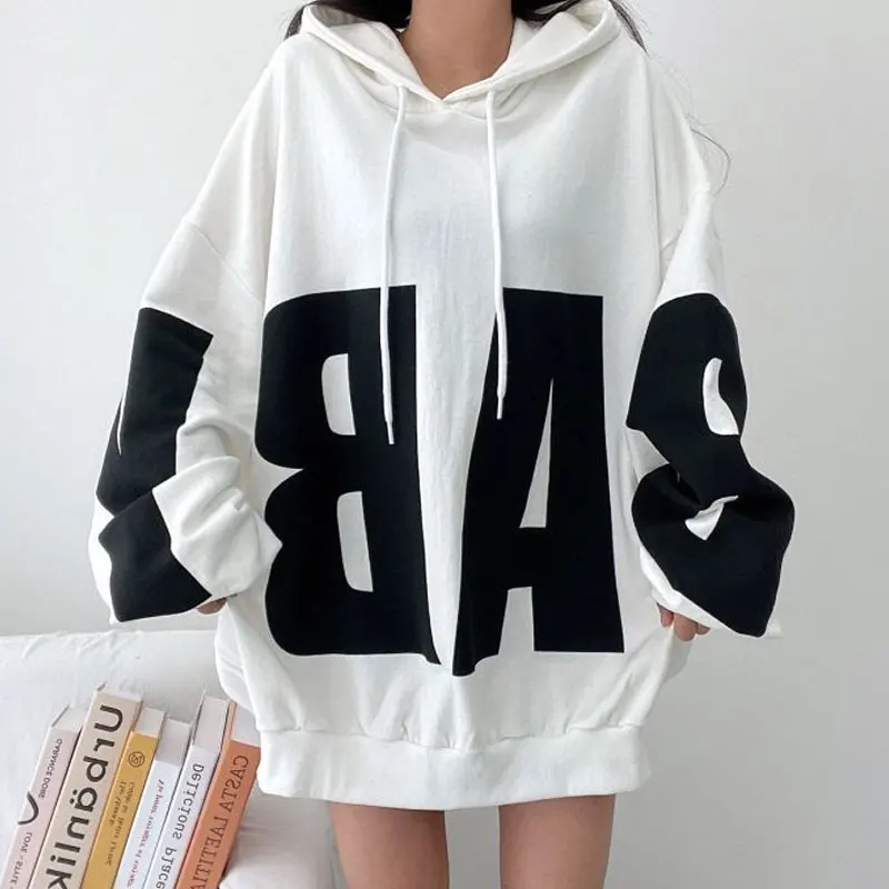 Drawstring Solid Color Letter Printing Long Sleeve Hooded Sweatshirts Autumn Thin Casual Office Lady Simplicity Women Clothing