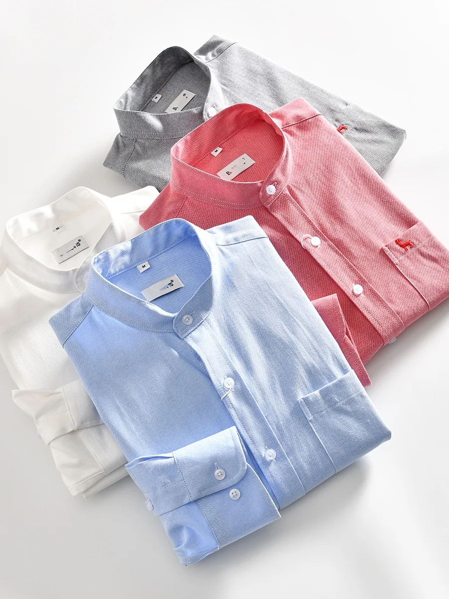 

High Density Pure Cotton Oxford Cloth Men's Long Sleeve Shirt Stand Collar Spring Autumn Versatile Fashionable Youth Style