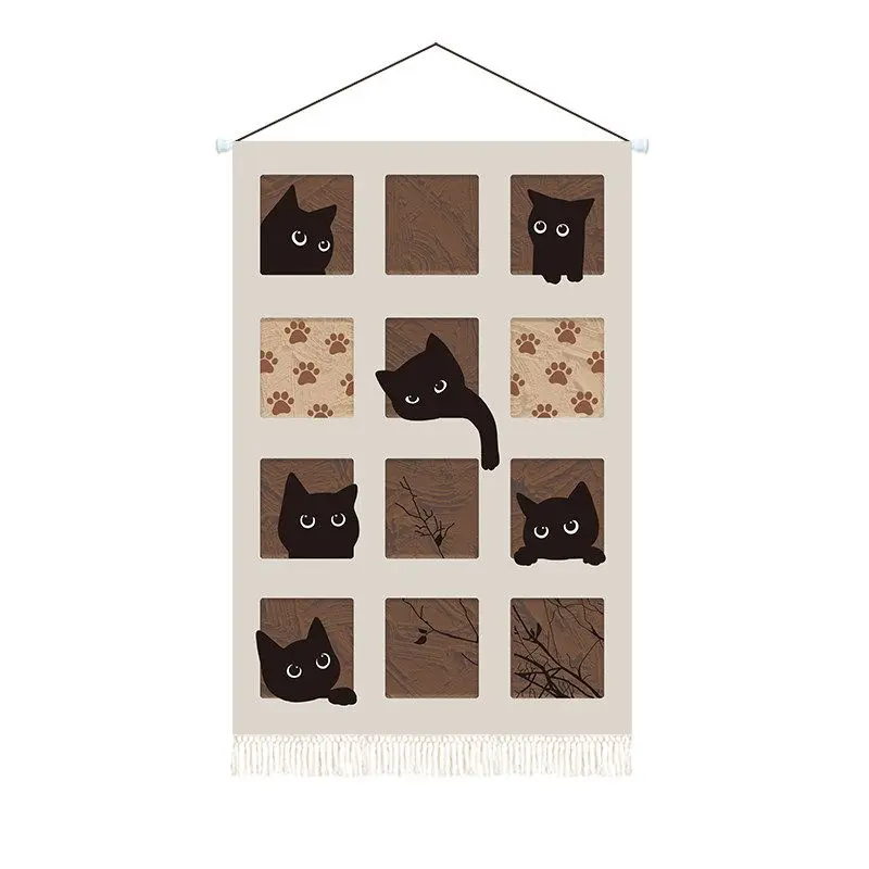 VIKAMA Retro Bamboo Black Cat Tapestry Oriental Style Cute Pet Art Linen Wall Hanging Bedroom Dorm Living Room Home Decor Cozy