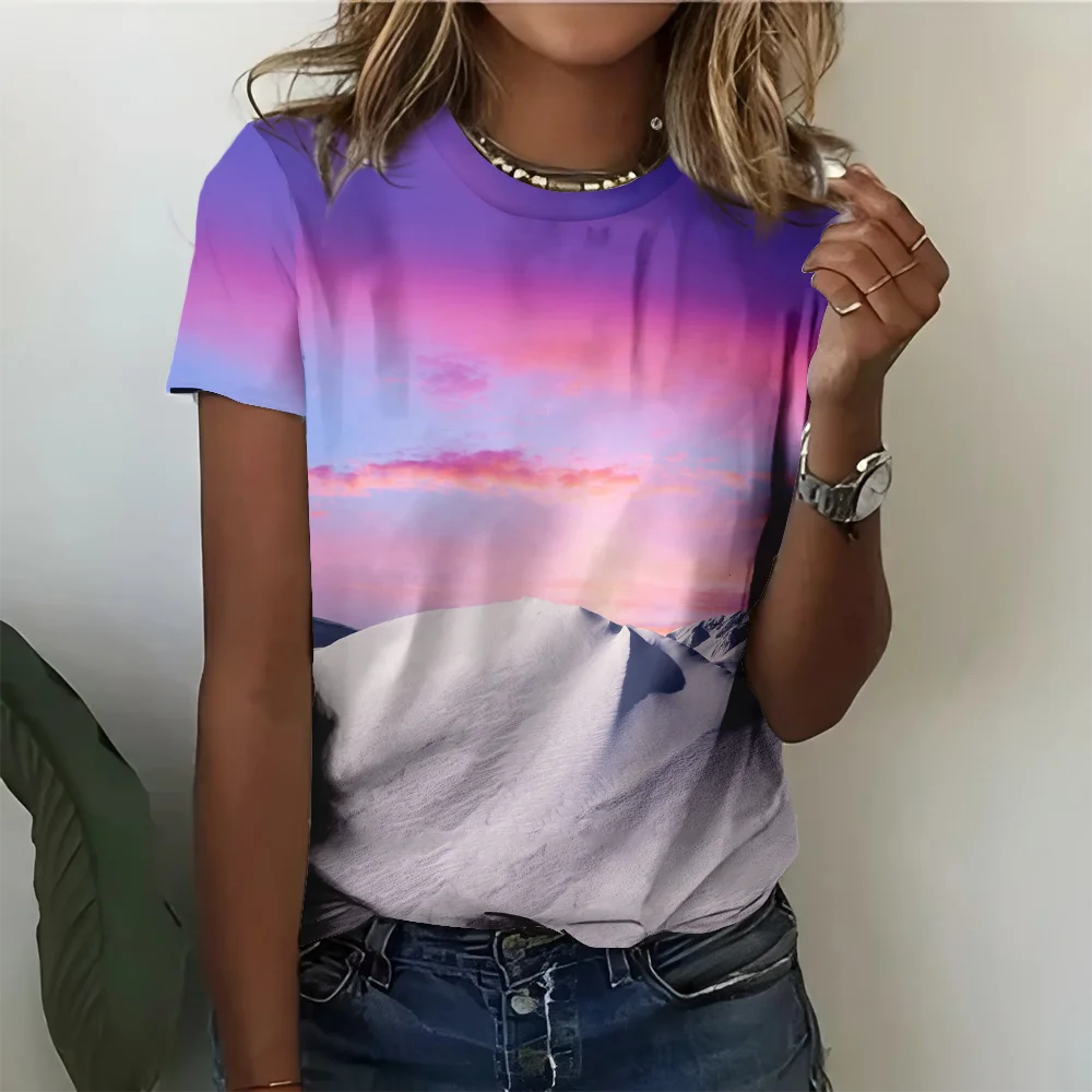 

Purple and Pink Gradient Mountain and Sky Printed Women's T-shirt - Inspired by Art and Nature Casual Summer Short Sleeves