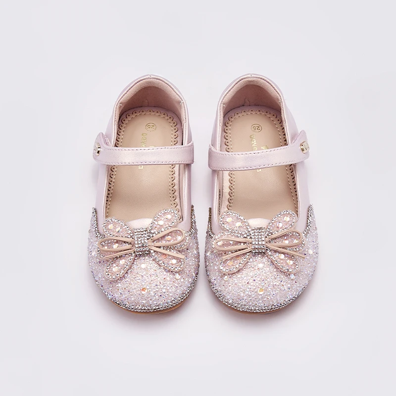 Dave Bella Children Girls Princess Shoes Spring Autumn Leather Shoes Pearl Bow Dance Shoes Girls Flats Non-slip Shoes DB3241422