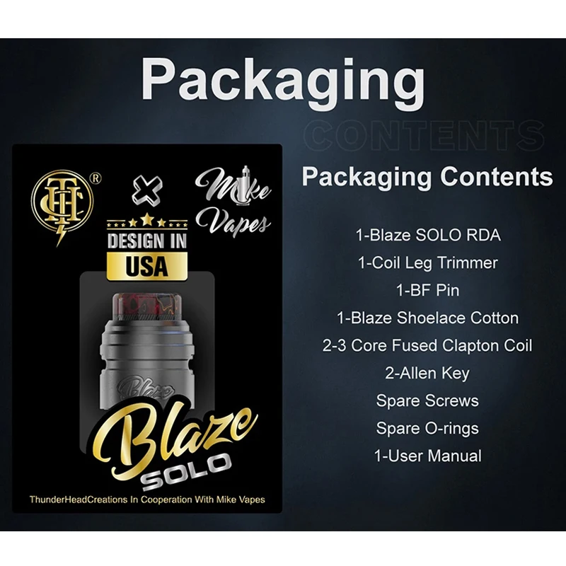 Original ThunderHead Creations Blaze Solo RDA 2ml Tanque 24mm 510 Thread 810 Drip Tip Vape Atomizador Bobina Única VS Blaze RTA E-Cig