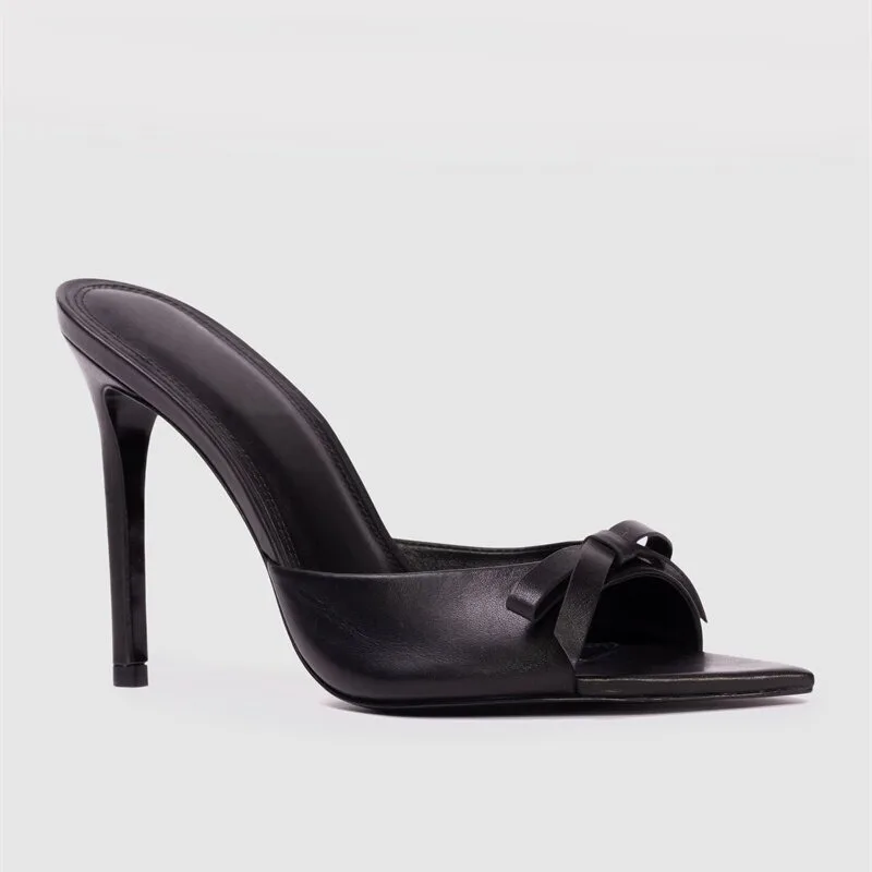 2026 New Black Bow Pointed Fish Mouth Shallow Mouth Outdoor Single Shoes Stiletto High Heels Fashion Cool Slippers for Women