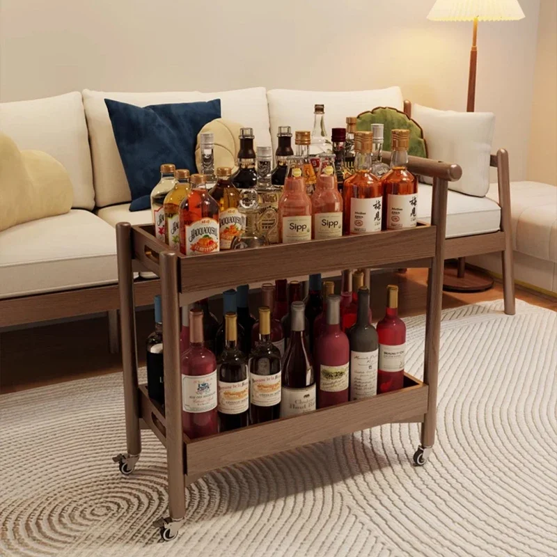 Solid Wood Trolley Coffee Table - Double Deck Shelves, Large-Capacity Side Table, Mobile Serving Cart, Perfect for Entertaining