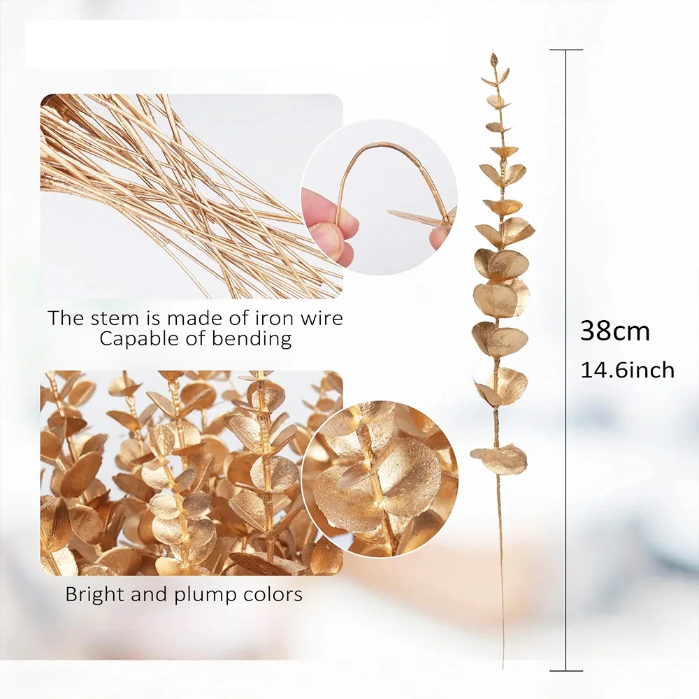 10/20PCS Artificial Eucalyptus Stems Gold Leaves Fake Flowers for Floral Arrangement Wedding Bouquets Thanksging Xmas Decoration
