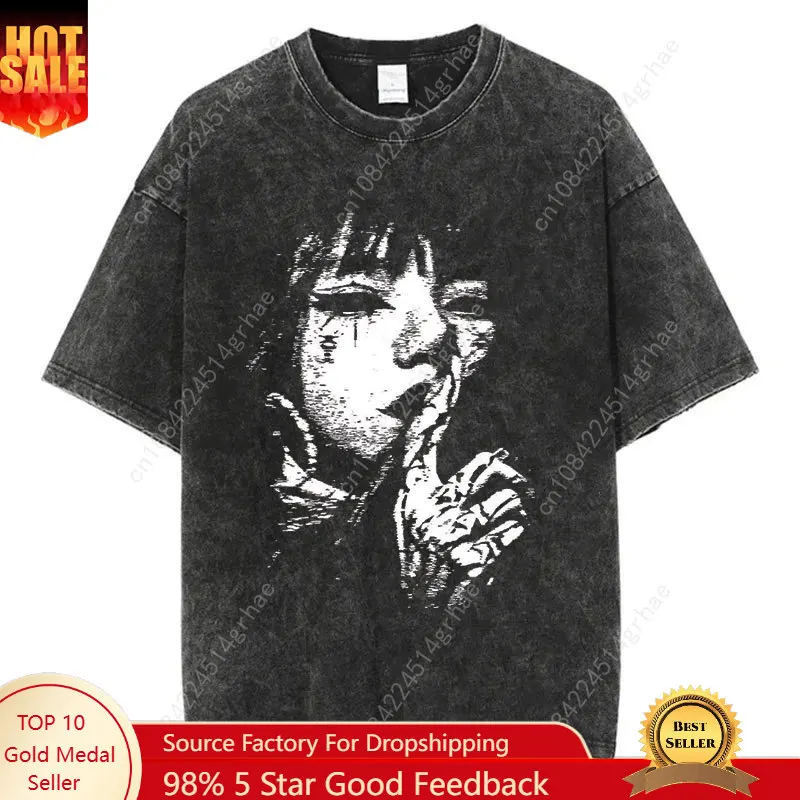

Men Fashion Washed T Shirt Streetwear Graphic Print Harajuku Hip Hop T-Shirt Summer Black Short Sleeve Cotton Loose Tops Tees