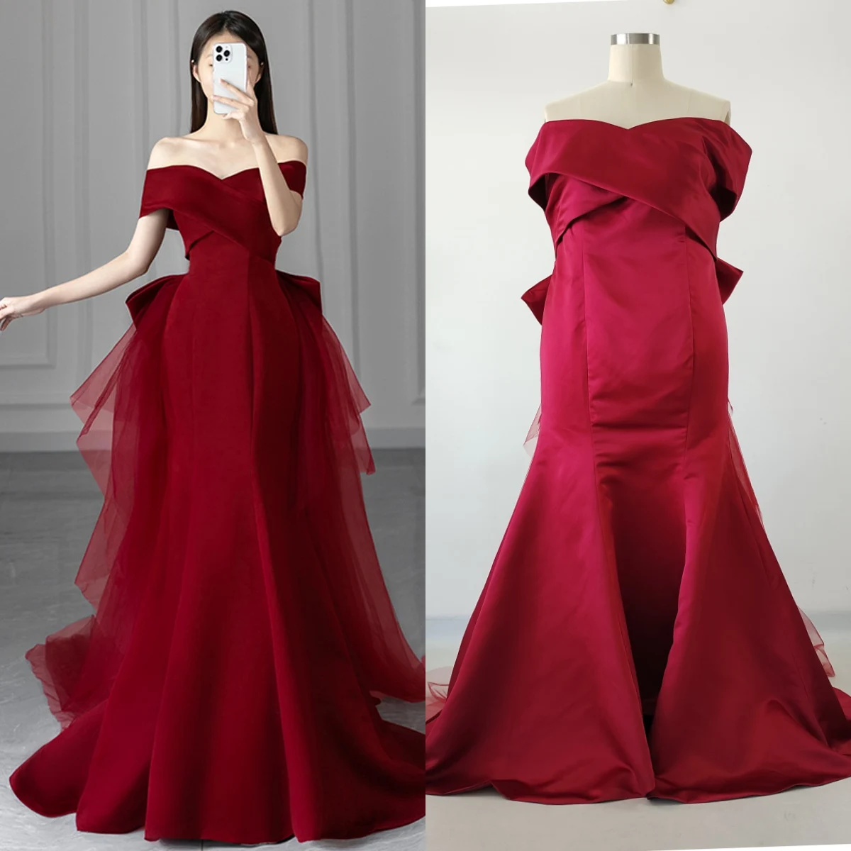 

Feelingarden Plus size Evening Dress Burgundy Boat Neck Floor Length Short Sleeves Mermaid Bow Women party Formal Gown XE033