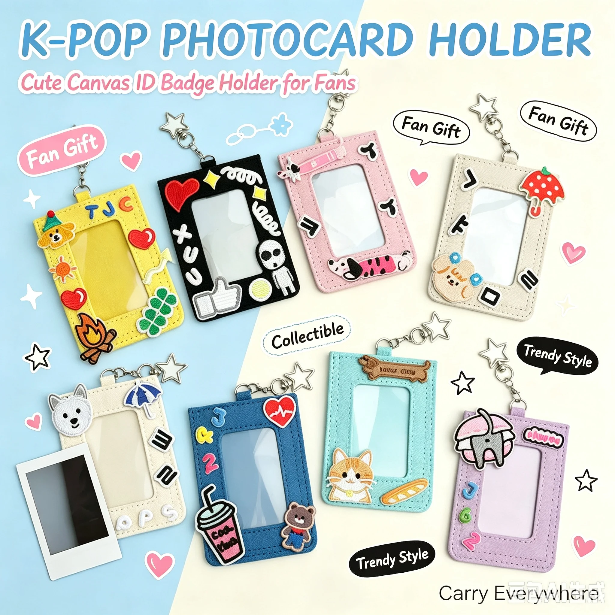 Korean Hongdae Creative Canvas Card Holder Dual Slots DIY Cotton ID Badge Case with Star Keyring Bag Pendant