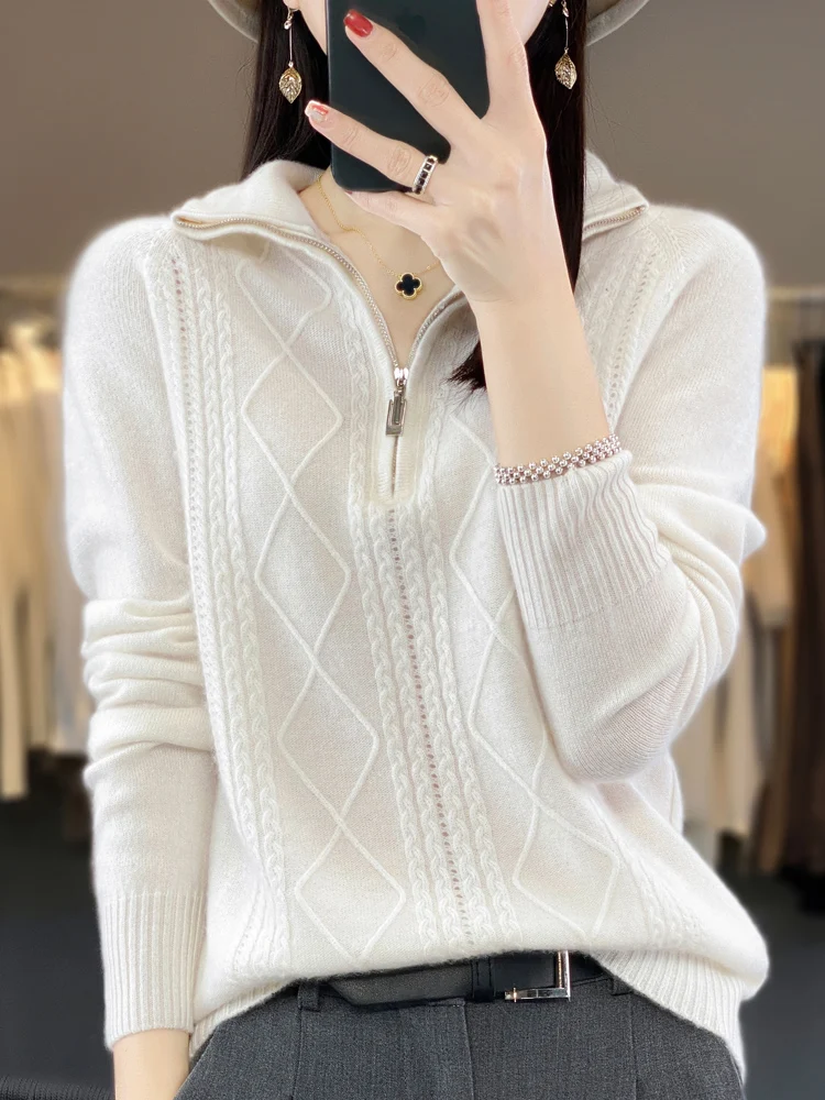 Autumn Winter  Women Zipper Pullover Turn-Down Collar Thick Cashmere Sweater 100% Merino Wool Knitwear Rhombus Knitting  New Top