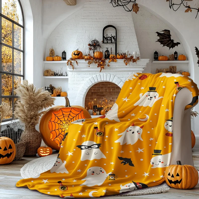 

Halloween ghost throw blanket cute ghost orange suitable for living room sofa bed chair soft warm and comfortable